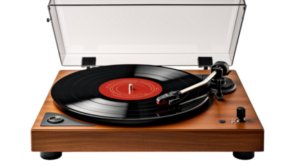 A record player playing a vinyl record with vintage flair