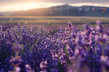 A field of lavender sways gently in the breeze, camera pans across to capture rows of purple hues...