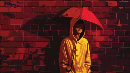 Young man in raincoat and with umbrella on brick background