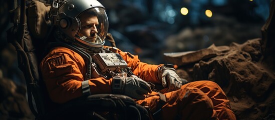 Astronaut sitting on the ground and using a mobile phone. - Powered by Adobe