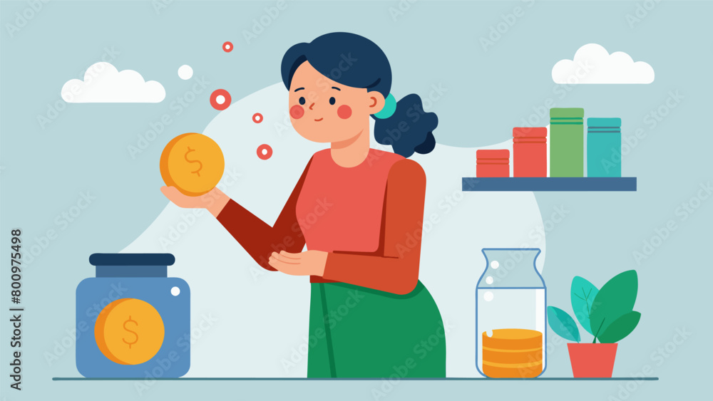 Poster a shopper with a jar labeled saving for soing special and carefully considering if they want to dip 