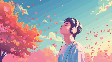 Young man listening to music outdoors Vector style vector