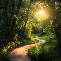 Obraz premium Winding Forest Path Bathed in Warm Sunlight and Lush Greenery