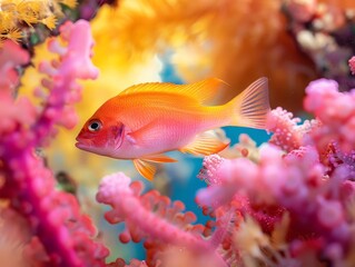 Obraz premium Small cherry basslet darting through coral, bright colors in natural ocean setting