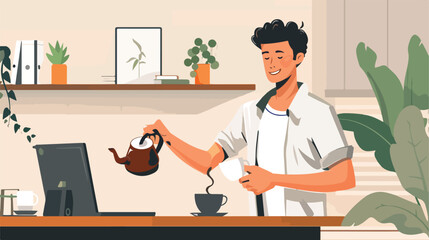Fototapeta na wymiar Young man pouring coffee into cup in office Vector style