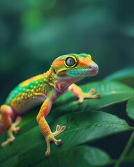 A vibrant gecko perched on a tropical leaf, vivid colors contrasted against the green background, in a natural rainforest setting