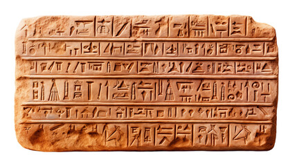 A weathered stone block etched with intricate Egyptian hieroglyphs, telling stories of ancient history and mysterious messages