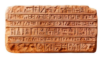 A weathered stone block etched with intricate Egyptian hieroglyphs, telling stories of ancient history and mysterious messages