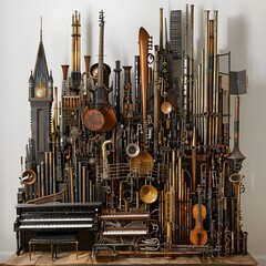 Naklejka premium Whimsical Cityscape Sculpted from a Symphonic Arrangement of Musical Instruments