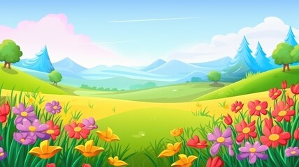 Vibrant Rainbow Meadow with Mountain Backdrop