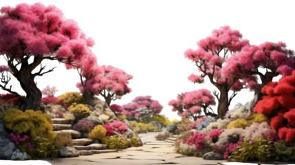 A winding pathway through a lush forest, lined with colorful flowers and verdant trees