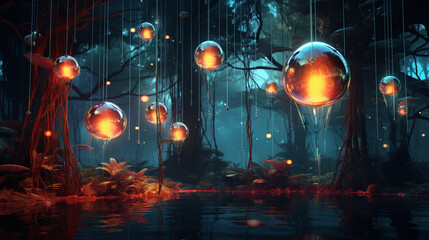 Glowing orbs of vivid color suspended in a tranquil digital space, evoking a sense of serene beauty.