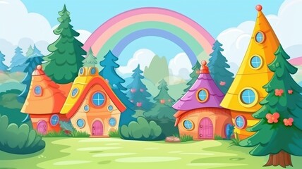 Whimsical Forest Homes with Rainbow Overhead
