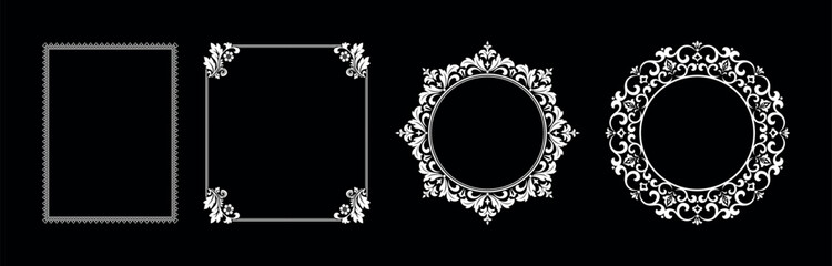 Set of decorative frames Elegant vector element for design in Eastern style, place for text. Floral black and white borders. Lace illustration for invitations and greeting cards.