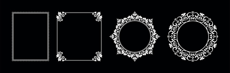 Set of decorative frames Elegant vector element for design in Eastern style, place for text. Floral black and white borders. Lace illustration for invitations and greeting cards.