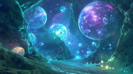 Glowing orbs of color floating in a tranquil abyss, radiating a sense of serene beauty in a digital realm.