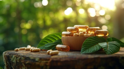 Wooden stump with pills and leaves, natural ingredients for cuisine closeup