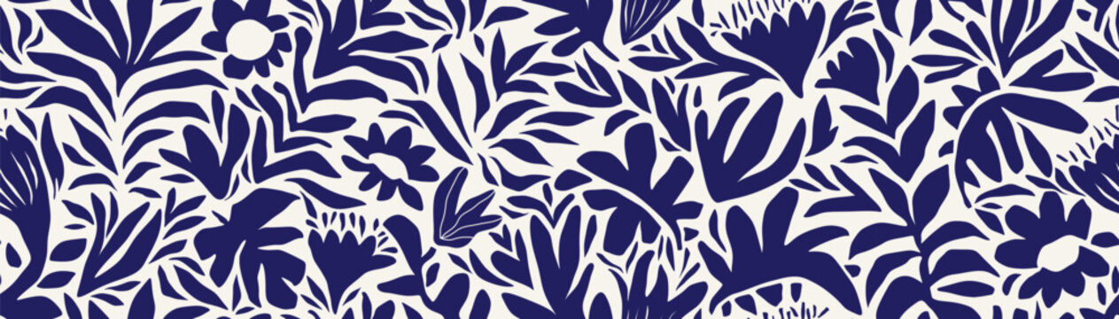 Fototapeta Abstract shape leaf and flower organic seamless pattern. black floral leaves geometric pattern on white background. leaves silhouette summer pattern modern vector style.