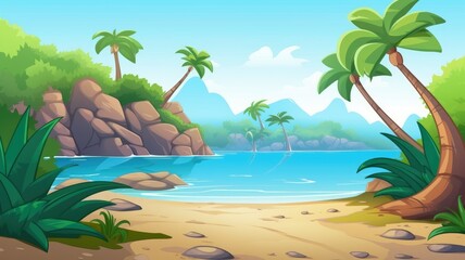 Fototapeta na wymiar Sunny Tropical Beach Paradise with Palm Trees and Ocean View