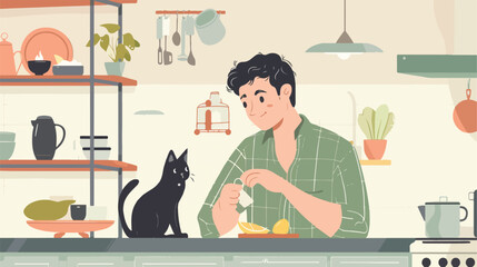 Young man with cute cat in kitchen closeup Vector style