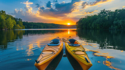 Kayaks Adrift on the Calm Waters of a Sunset Lake - Powered by Adobe