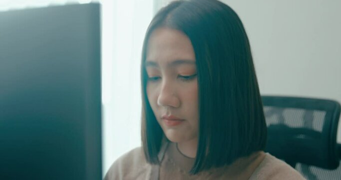 Closeup Adult Asia female freelance typing write prompt AI bot IT app smart program nomad, video game, terminal with coding language, user interface, designer, big data center on desktop computer.