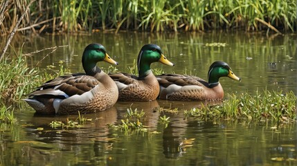 Obraz premium Three ducks swim in the pond