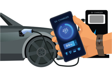 man holding smartphone display battery status interface by smart EV mobile application while EV car recharging electricity from charging station in car park.