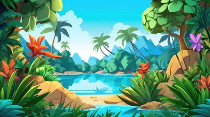Fototapeta na wymiar Tropical Paradise Oasis: A Lush Cartoon Haven