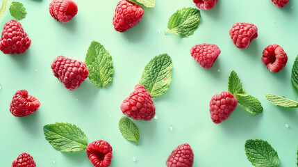 Fresh raspberries and mint on green background