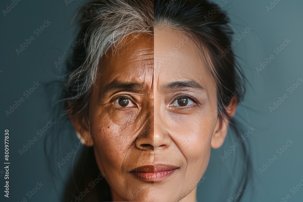 Poster Visual age comparison in aging intervention, portrait elasticity for optimistic aging comparison.