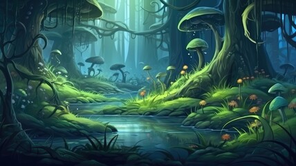 Enchanted Mossy Glade with Luminous Mushrooms