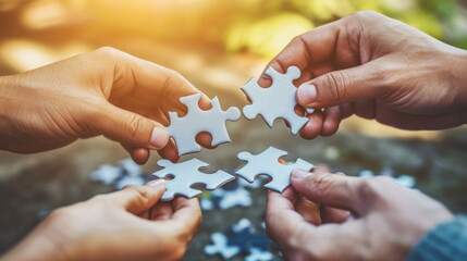 Hands join puzzle pieces,  putting the jigsaws team together, business concept