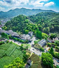 Aerial shot of tea plantation mountains with villages in spring