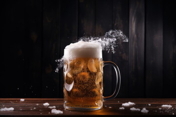 cold mug with beer on wooden table background