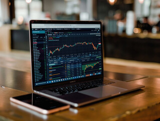 A laptop is open to a screen displaying a stock market graph