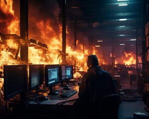 Fototapeta premium .A lone coder sits at his computer, surrounded by flames