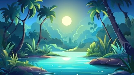 Fototapeta na wymiar Tropical Moonlight Serenity with Palm Silhouettes