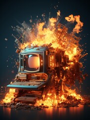 Retro computer on fire with flames and sparks.