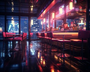 The AI-generated photo shows a bar/pub/restaurant with a modern interior. The bar is lit by red and purple neon lights, and there are several empty tables and chairs.