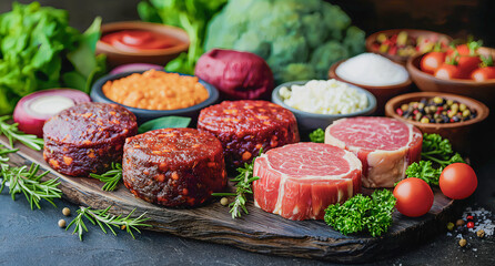 Picture of food with plants or meat Popular foods are suitable for advertising. Image generated by AI
