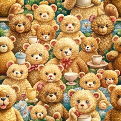 Seamless pattern of fluffy teddy bears gathered around a tea party, Generative AI
