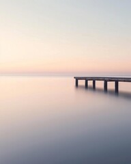 A minimalist seascape featuring a lone pier against a soft, pastel dawn sky The shadow of the pier stretches far into the gentle sea, emphasizing tranquility and space