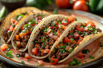 Ground beef tacos on a plate, garnished with fresh herbs, for culinary websites. Trendy Mexican food.