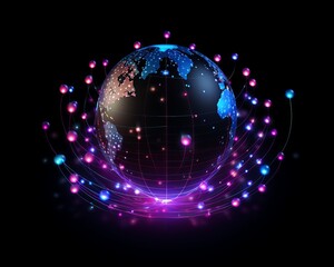 Obraz premium The image shows a glowing blue and purple globe with a network of glowing blue and purple lines around it. The globe is on a black background and there are stars in the background.