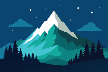 Panorama of Amazing nature. Beautiful view on a peak mountains. Mountain, forest and Starry sky. Vector
