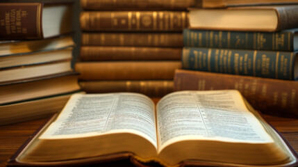 Naklejka premium An open antique book rests on a wooden desk with a blurry library backdrop, invoking the theme of education, knowledge, and historical literature