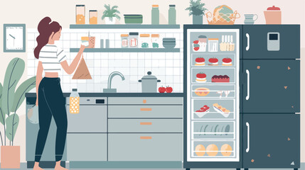Young woman cleaning refrigerator in kitchen Vector 