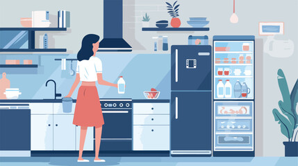 Young woman cleaning refrigerator in kitchen Vector 