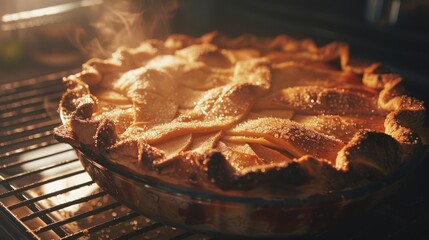 A close-up shot of a perfectly crusted apple pie fresh from the oven, exuding warmth and nostalgia associated with classic baking on World Baking Day.
